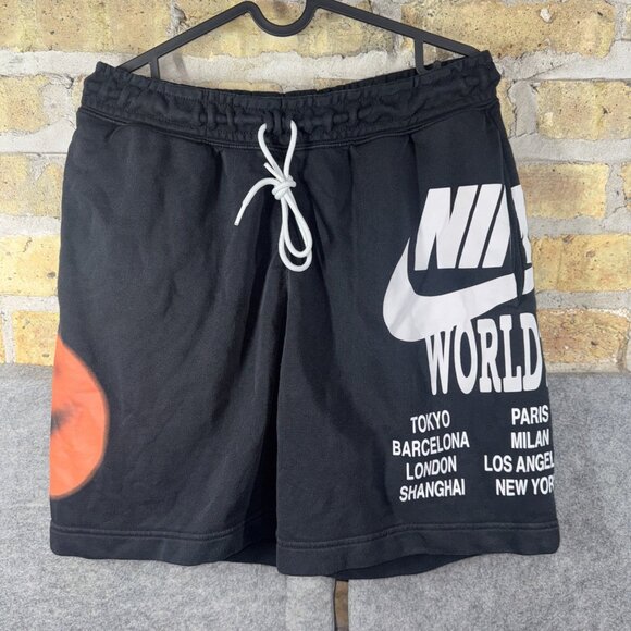Nike Sportswear World Tour Black Shorts Men's Sz M Terry Drawstring Summer Gym - Picture 1 of 8